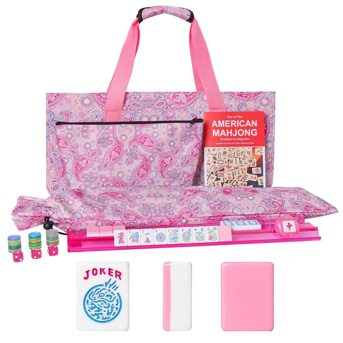 American Mahjong Game Set, 166 Pink Tiles, 4 All-in-One Color Rack/Pushers & Drawstring Bag K87127