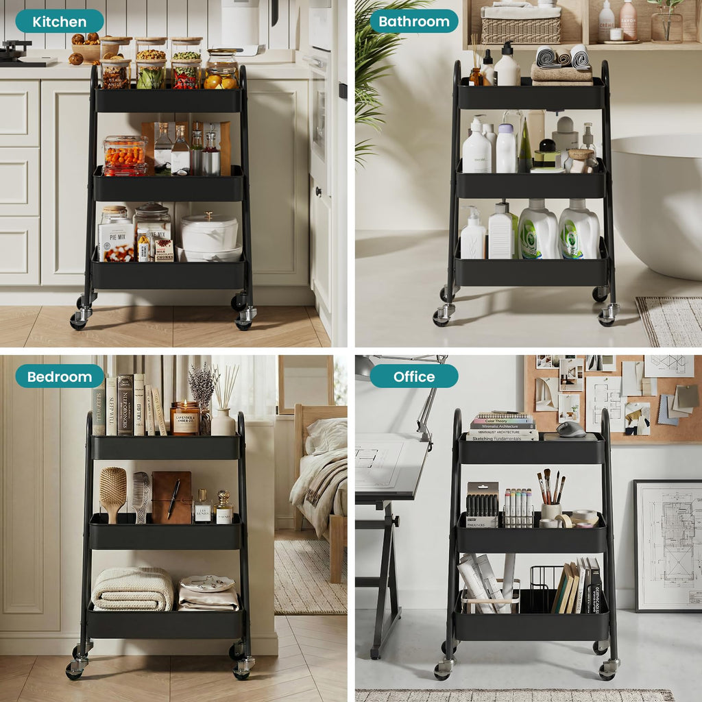 3-Tier Metal Rolling Utility Cart with Lockable Wheels P439301