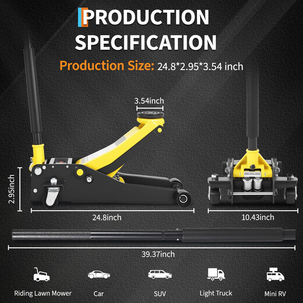 3 Ton Low Profile Hydraulic Floor Jack with Dual Piston Quick Lift Pump Steel Yellow M898391