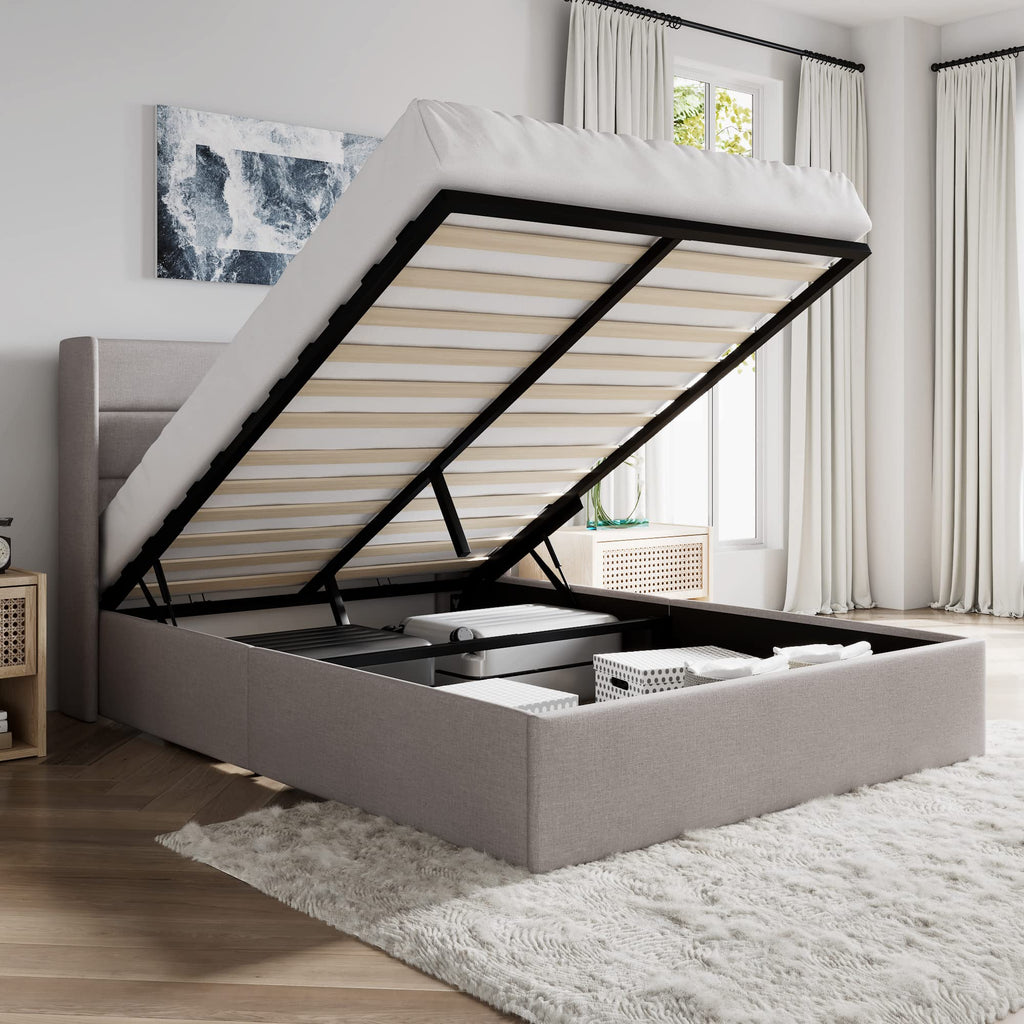 Queen Size Lift Up Hydraulic Storage Bed Frame Light Beige K43379