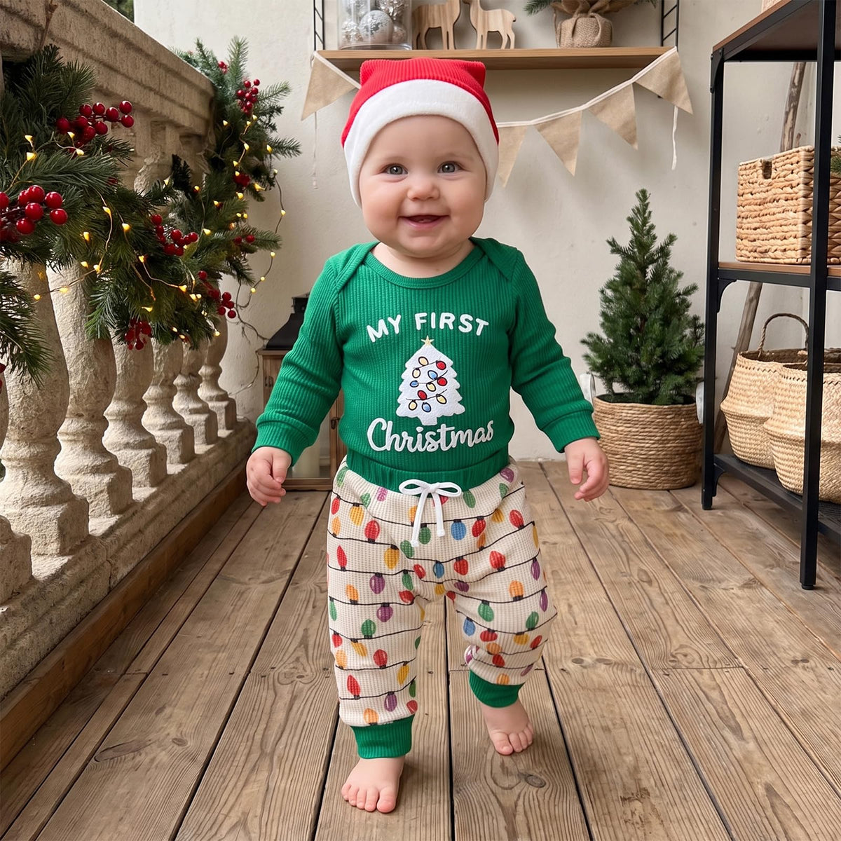 Christmas Baby Boy Outfit Romper Pants Hat Set 0-12M F208260