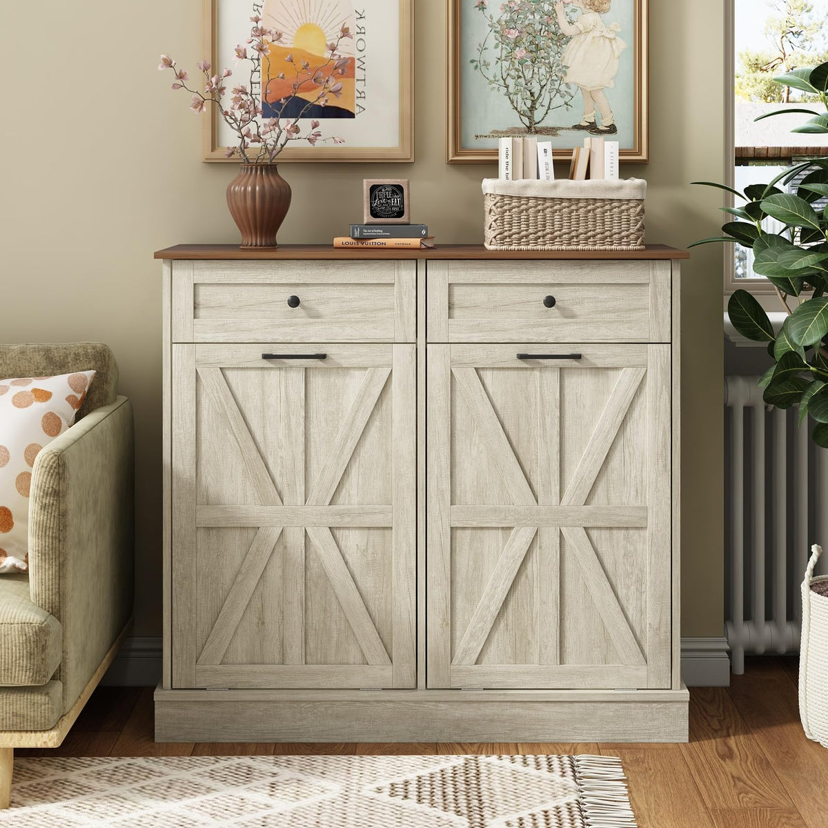 Double Tilt Out Trash Bin Holder Walnut White Wooden 10 Gallon N4198