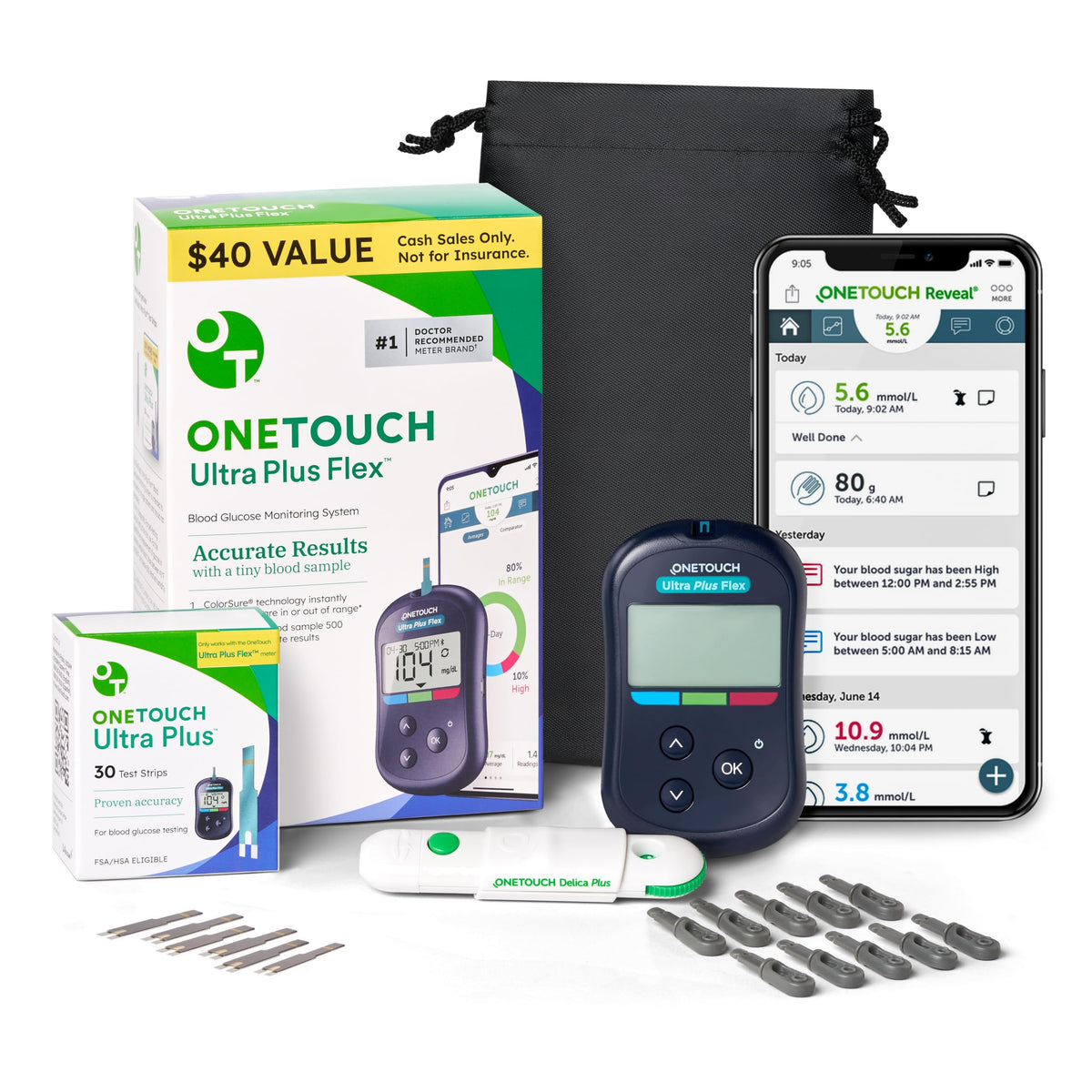 Blood Glucose Test Kit with Meter, Strips, Lancets, Pouch S724006