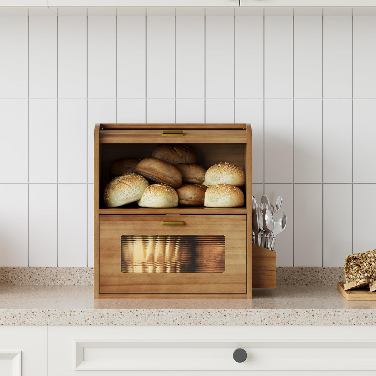 Roll Top Wooden Bread Box with Window N729