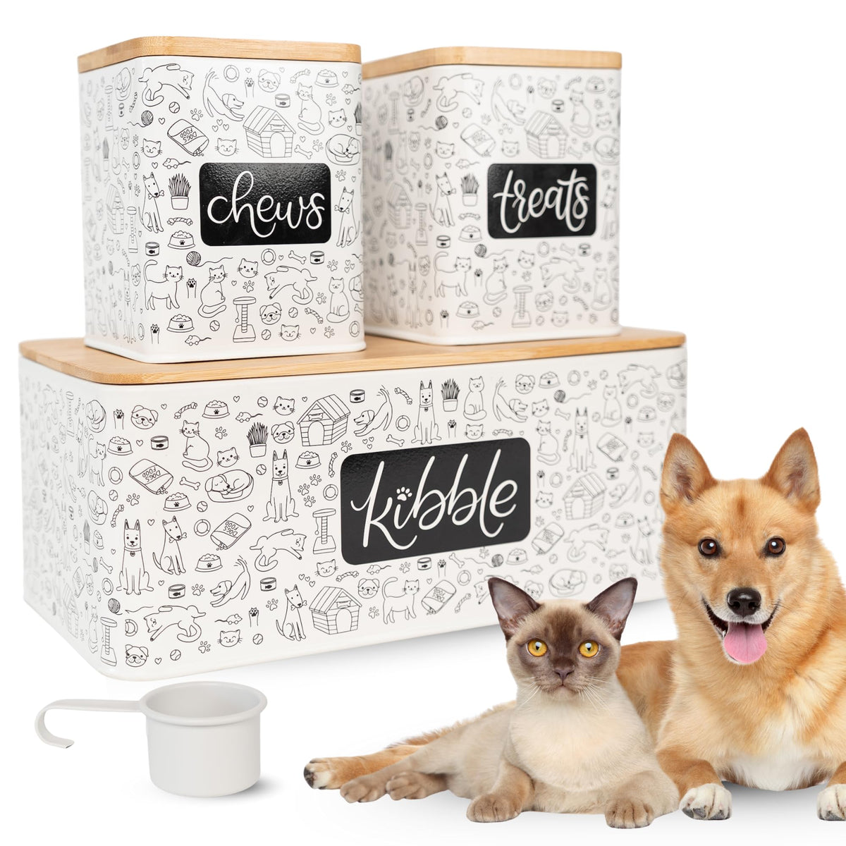 3-Piece Airtight Galvanized Steel Pet Food Storage Container Set with Bamboo Lids P590804