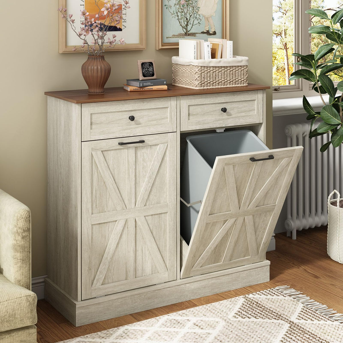 Double Tilt Out Trash Bin Holder Walnut White Wooden 10 Gallon N4198