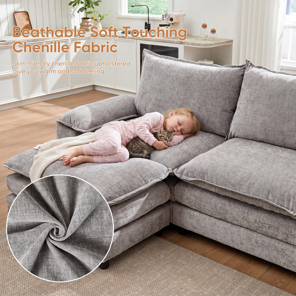 Light Gray Chenille 2 Seater Sofa with Pillows E12929