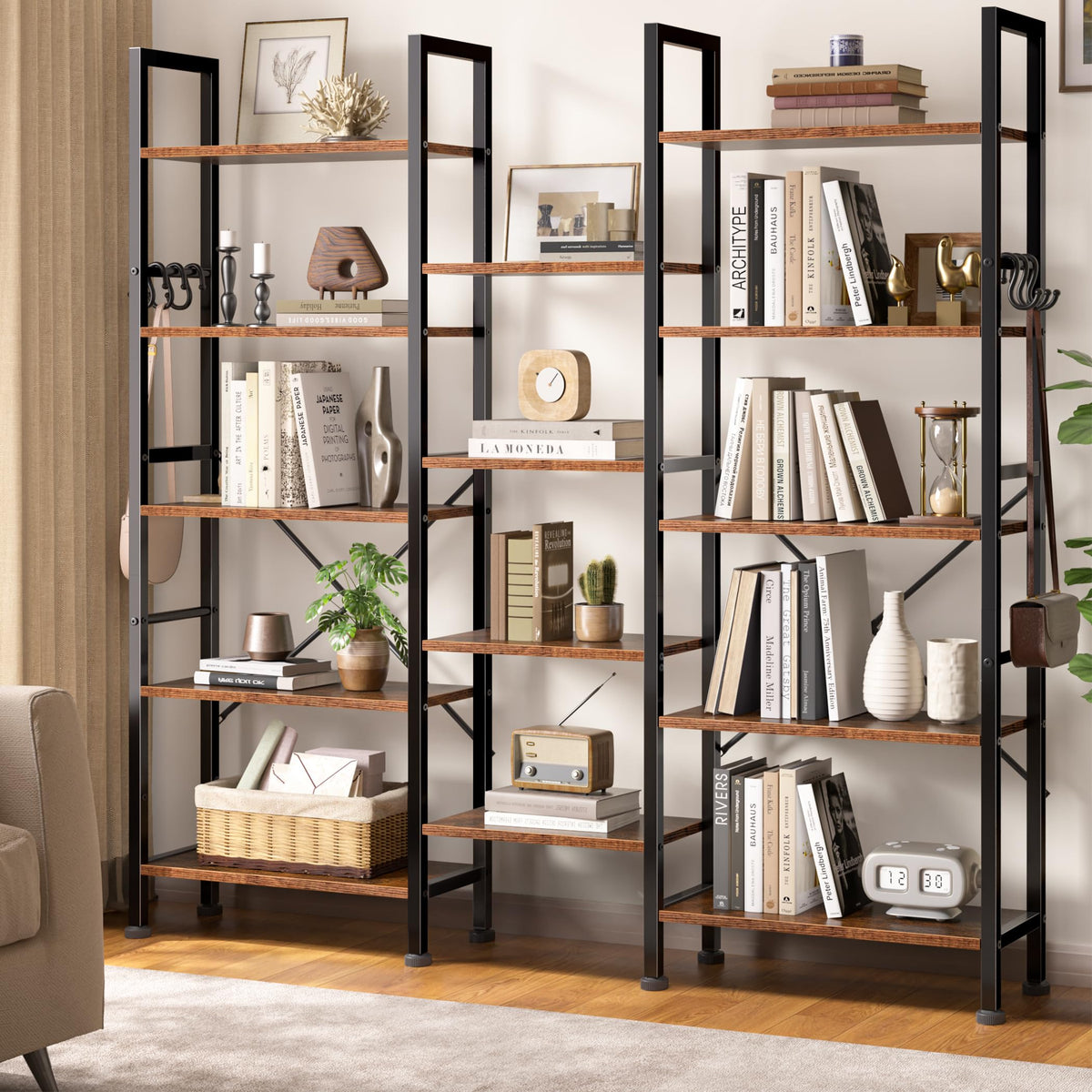 5 Tier Wide Bookshelf with 6 Hooks B463520