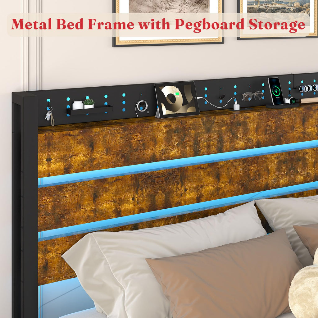 King Size Storage Bed Frame with 4 Drawers, Metal Bed Frame with Headboard Charging Station & Led Lights, Heavy Duty Platform Bedframe, No Box Spring Needed, Noise Free, Easy Assembly, Brown U901