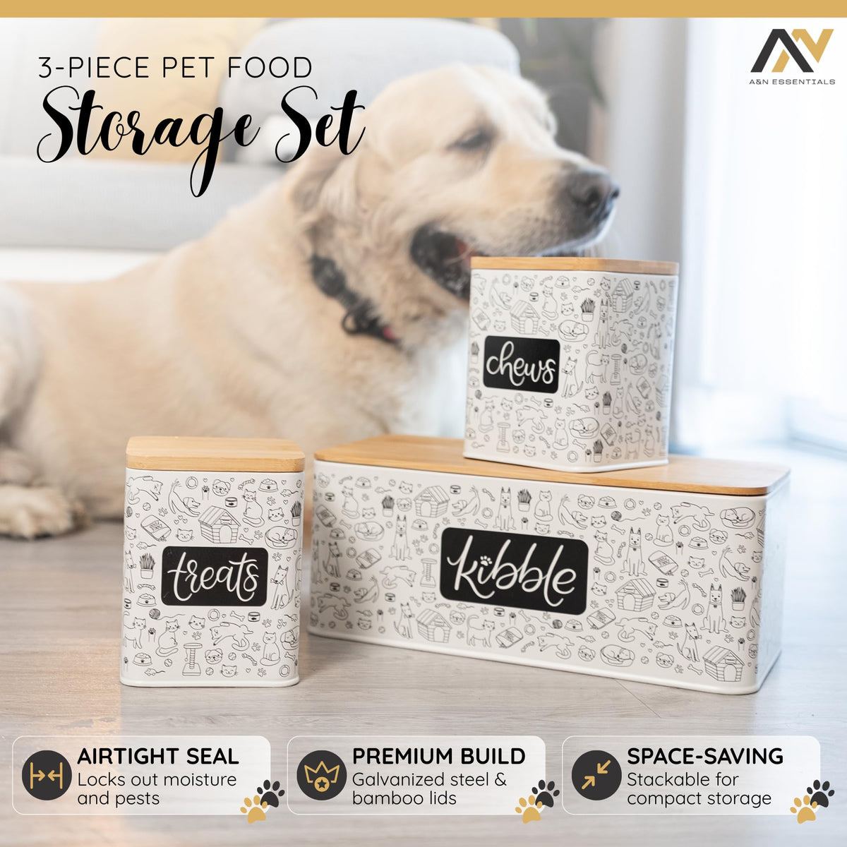 3-Piece Airtight Galvanized Steel Pet Food Storage Container Set with Bamboo Lids P590804