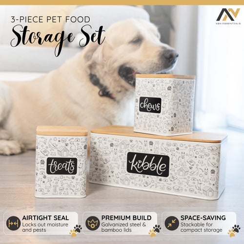 3-Piece Airtight Galvanized Steel Pet Food Storage Container Set with Bamboo Lids P590804