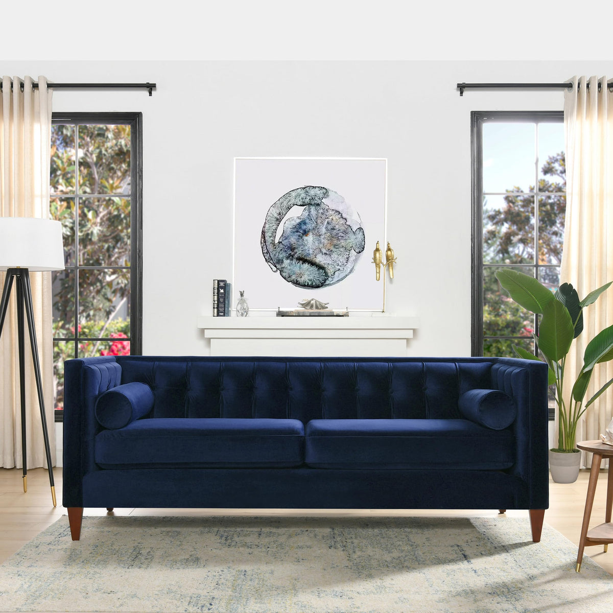 Navy Blue Velvet Tufted Sofa Q53861