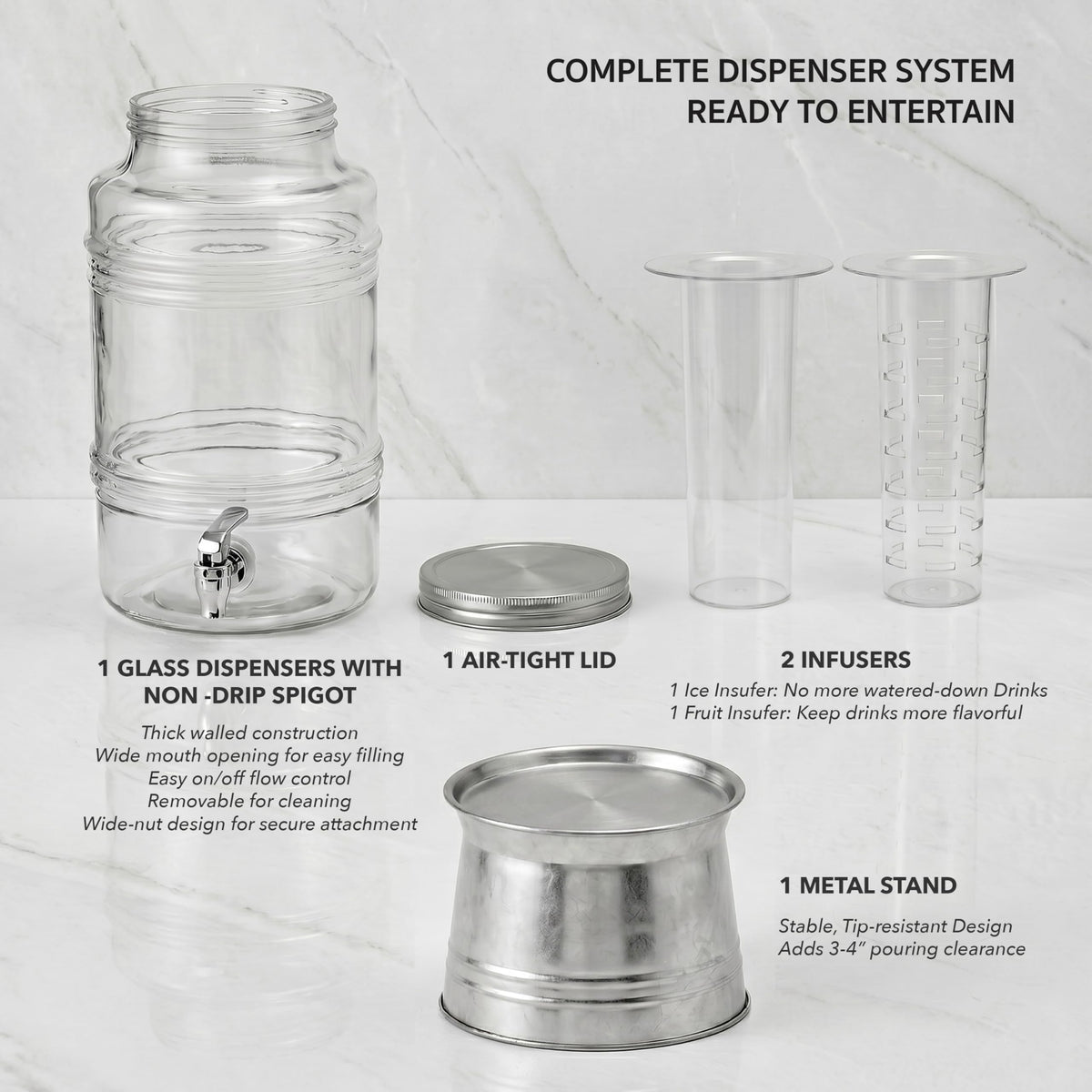 Glass Beverage Dispenser with Metal Stand V772