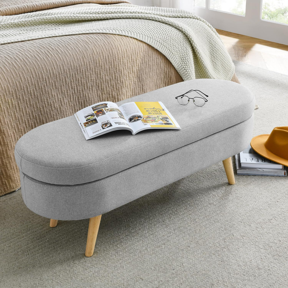 Oval Storage Bench with Rubber Wood Legs A350686