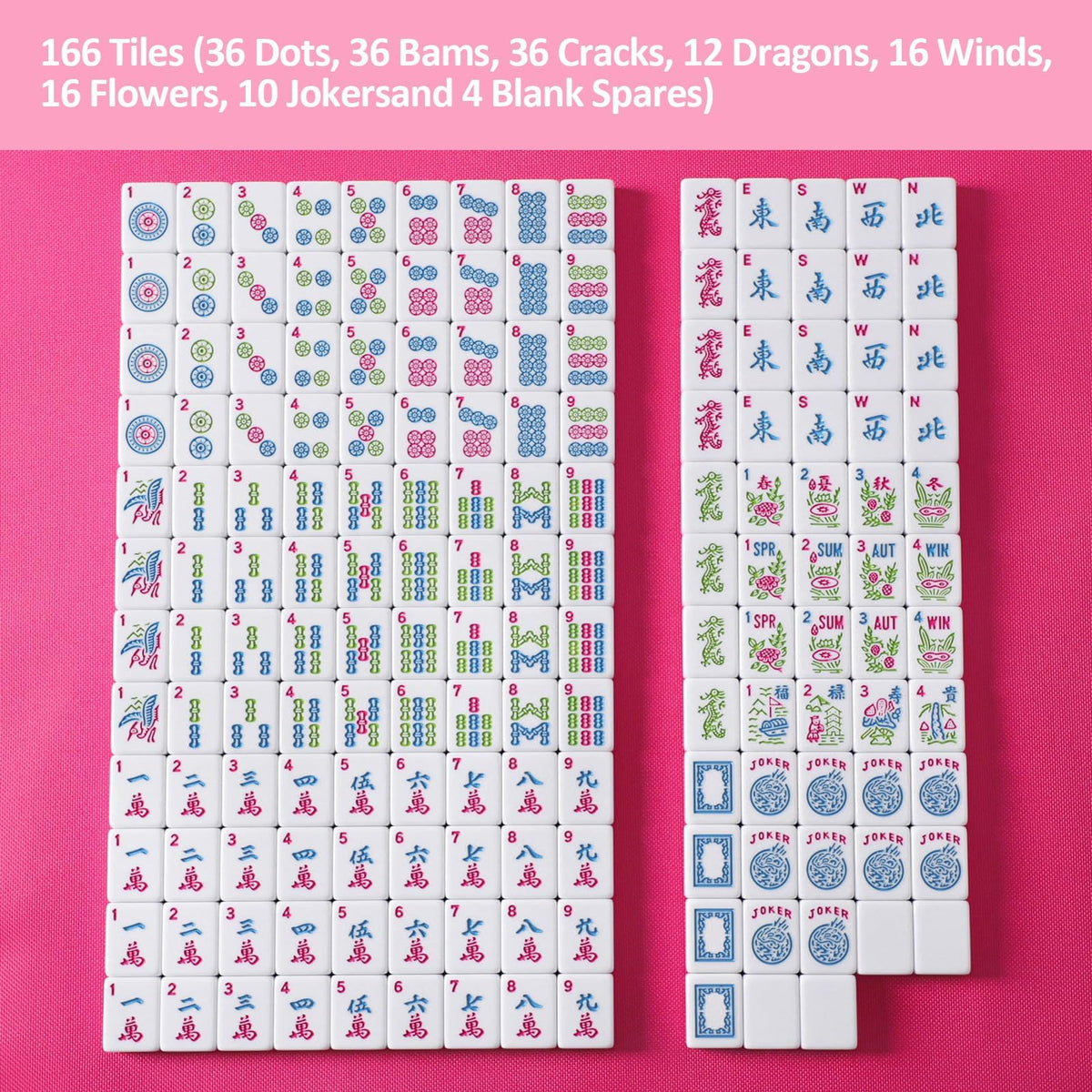 American Mahjong Game Set, 166 Pink Tiles, 4 All-in-One Color Rack/Pushers & Drawstring Bag K87127