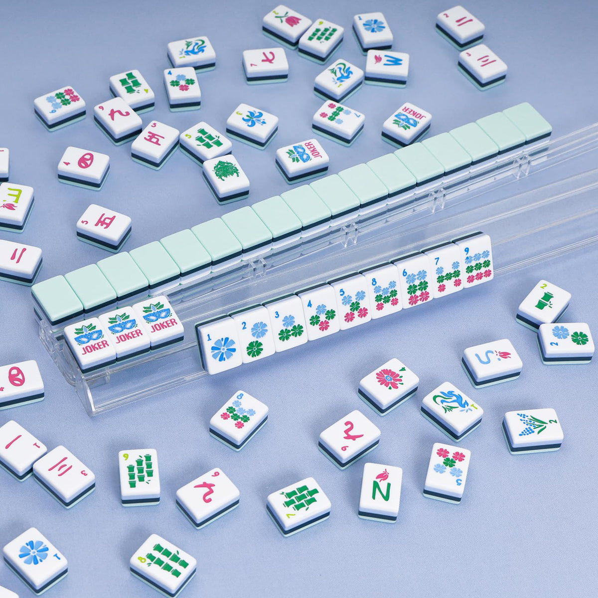 American Mahjong Set with Blue Carrying Bag, 160 Acrylic Tiles, 4 Rack/Pushers H282