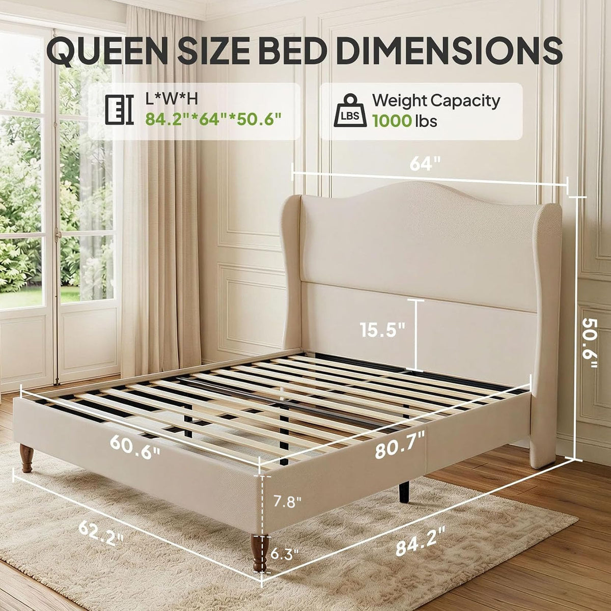 Queen Size Fabric Upholstered Platform Bed with Wooden Slats B5153