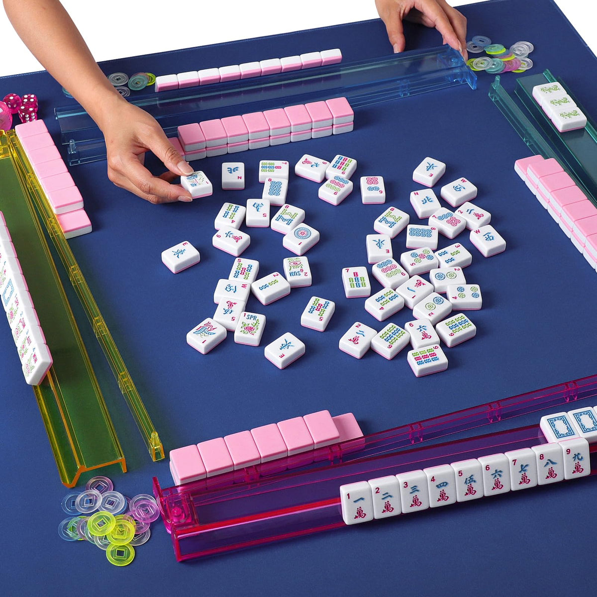 American Mahjong Game Set, 166 Pink Tiles, 4 All-in-One Color Rack/Pushers & Drawstring Bag K87127