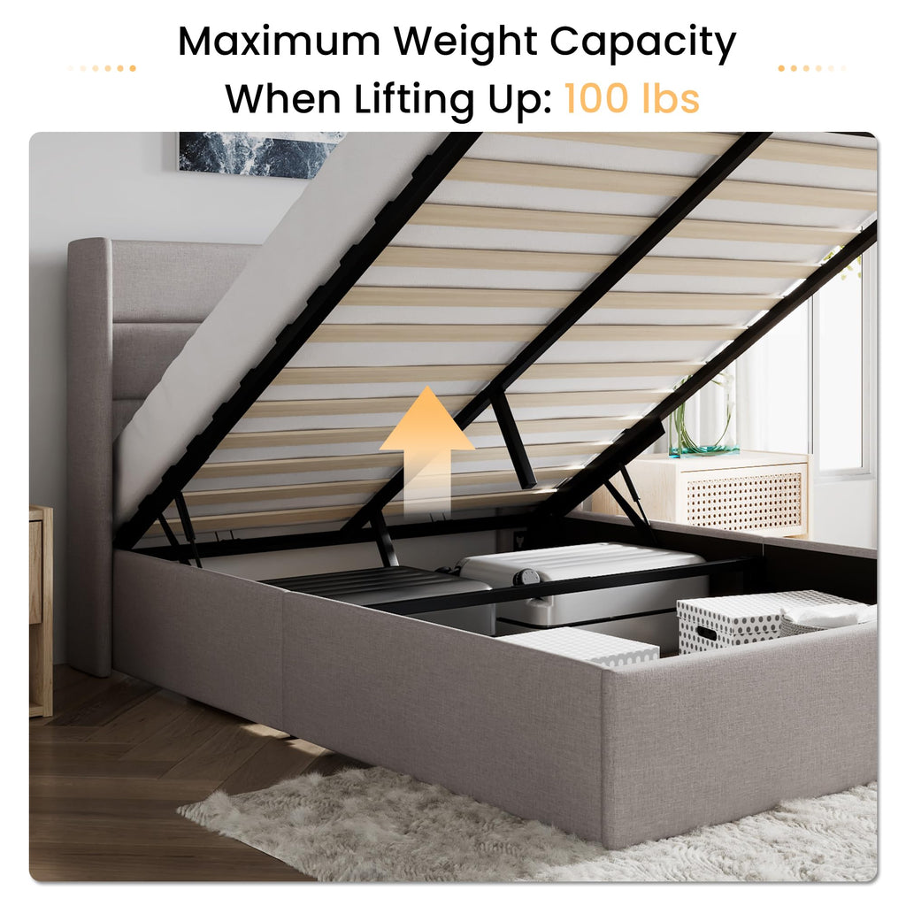 Queen Size Lift Up Hydraulic Storage Bed Frame Light Beige K43379