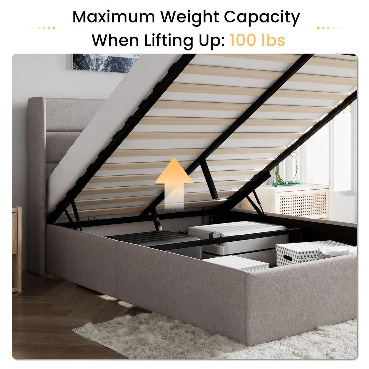 Queen Size Lift Up Hydraulic Storage Bed Frame Light Beige K43379