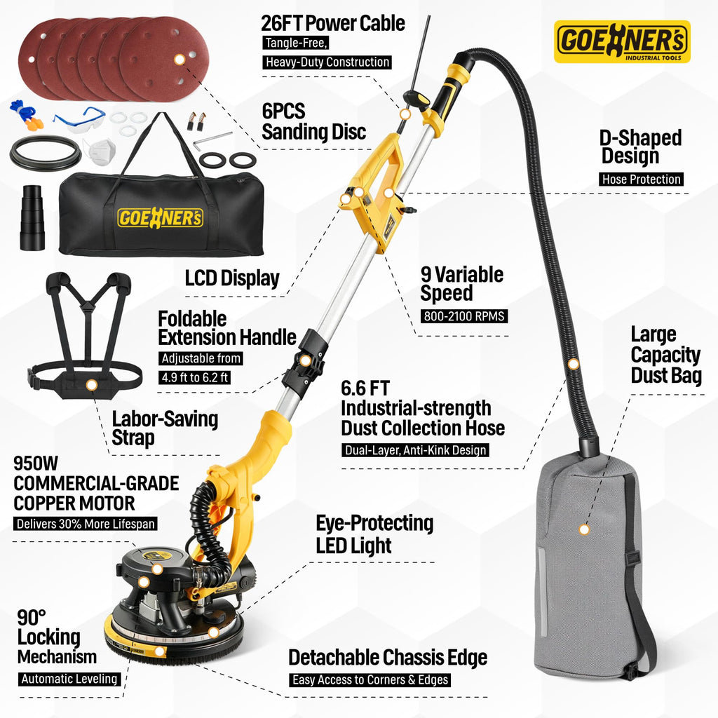 950W Electric Drywall Sander with Vacuum Dust Collector O3406