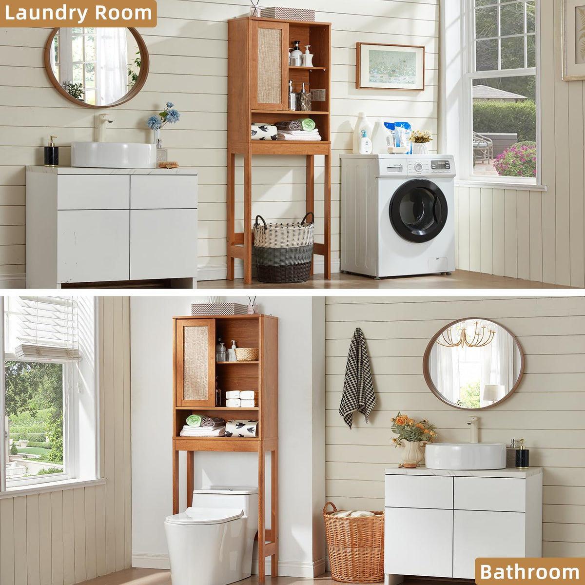 68" Over the Toilet Storage Cabinet with Rattan Sliding Door H44693