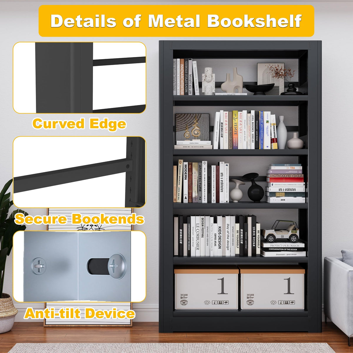 Heavy Duty 5-Shelf Metal Bookshelf U7350
