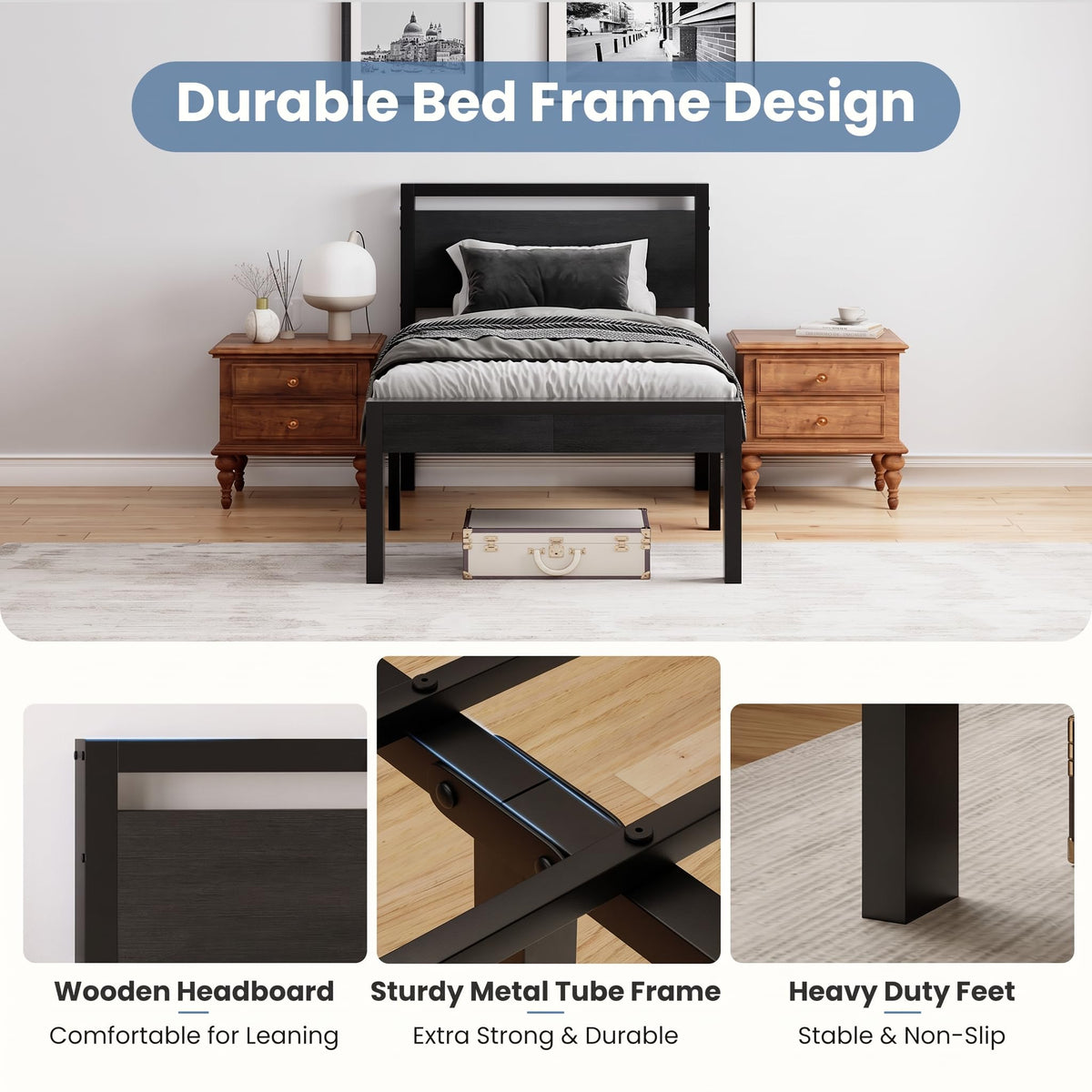14 Inch Twin Size Metal Bed Frame with Wood Headboard Q36189