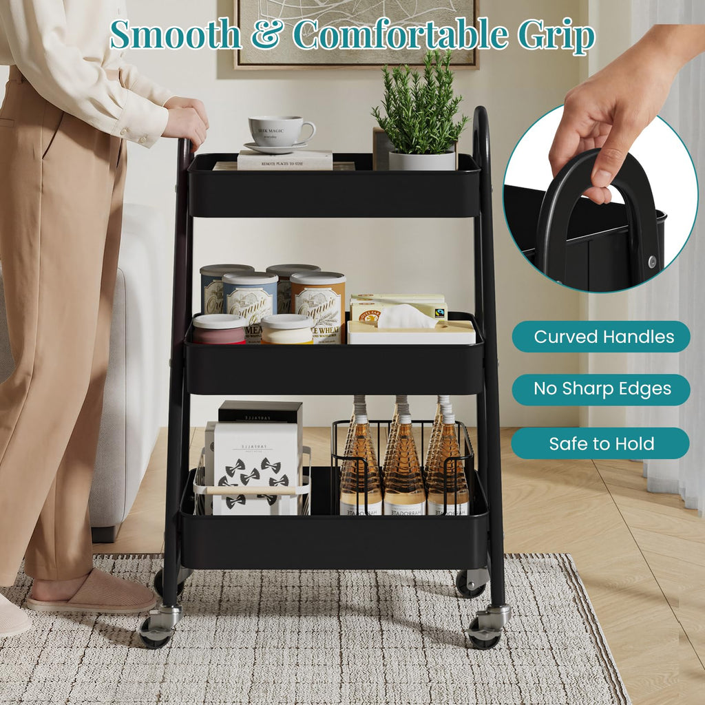 3-Tier Metal Rolling Utility Cart with Lockable Wheels P439301