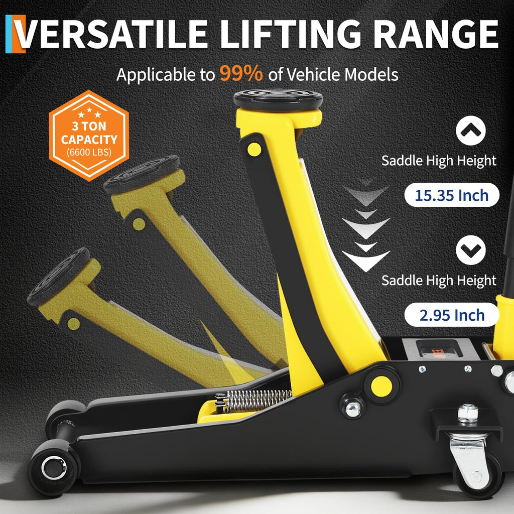 3 Ton Low Profile Hydraulic Floor Jack with Dual Piston Quick Lift Pump Steel Yellow M898391