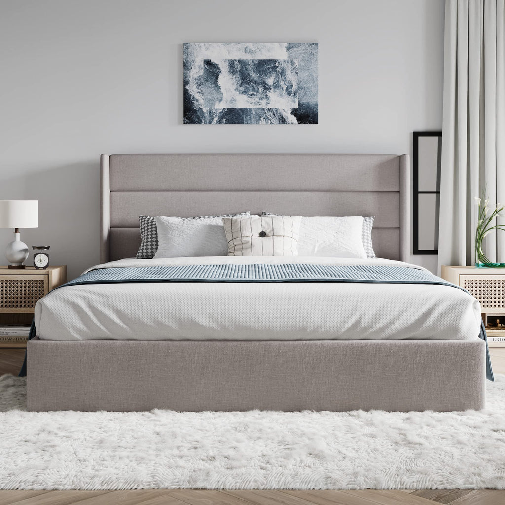 Queen Size Lift Up Hydraulic Storage Bed Frame Light Beige K43379