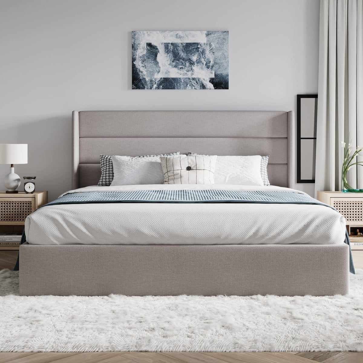 Queen Size Lift Up Hydraulic Storage Bed Frame Light Beige K43379