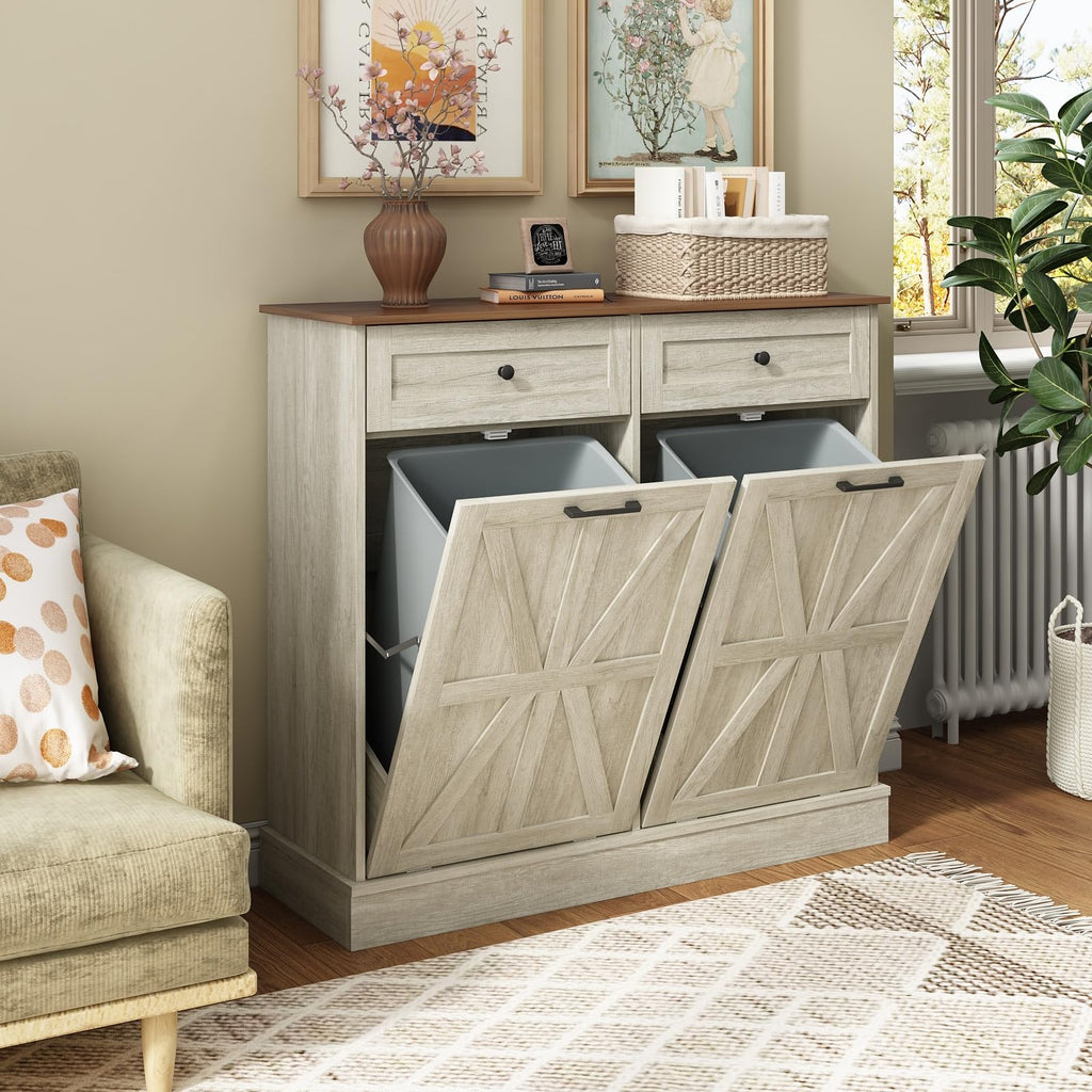 Double Tilt Out Trash Bin Holder Walnut White Wooden 10 Gallon N4198