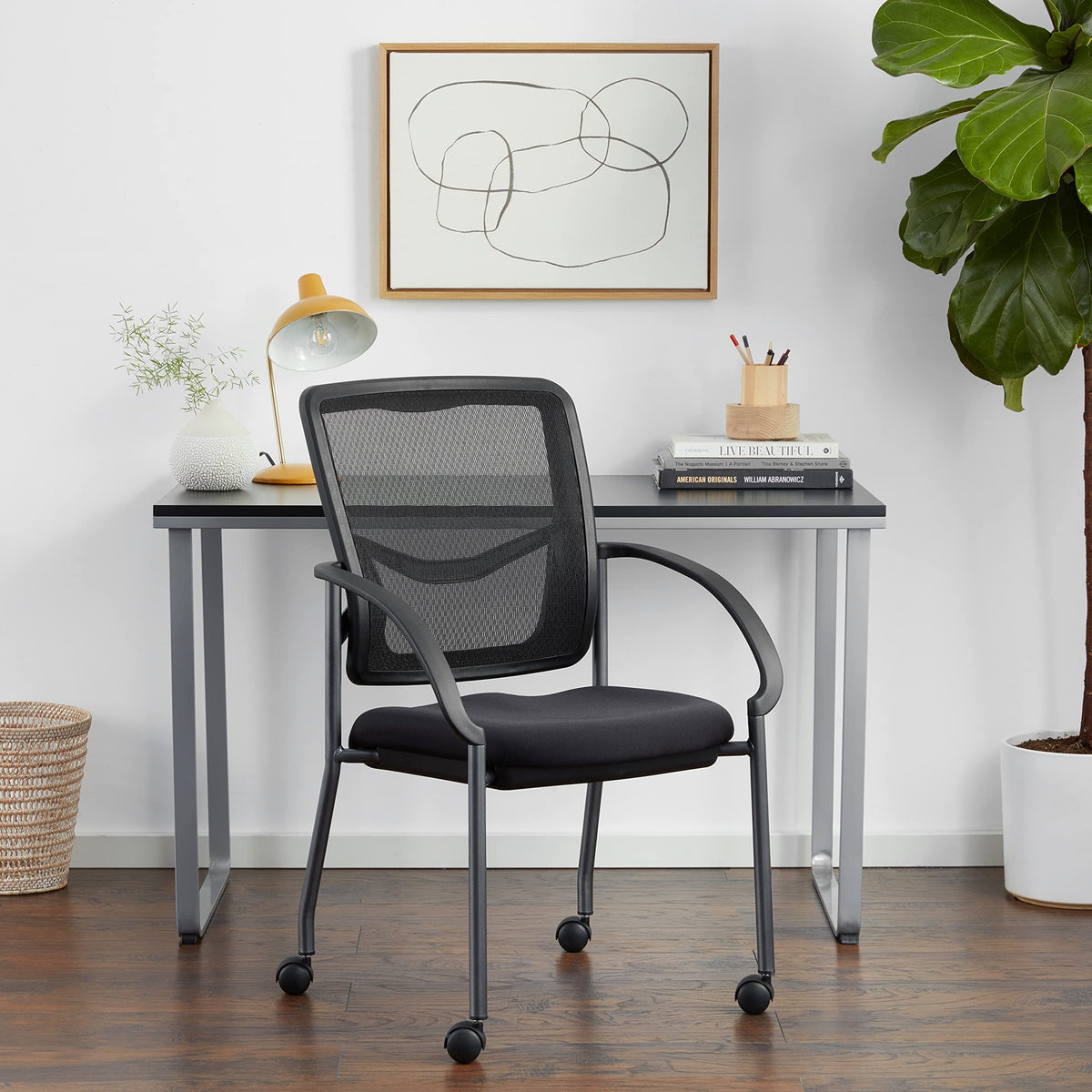 Stackable Visitor's Chair with Breathable Back and Rolling Casters S45441