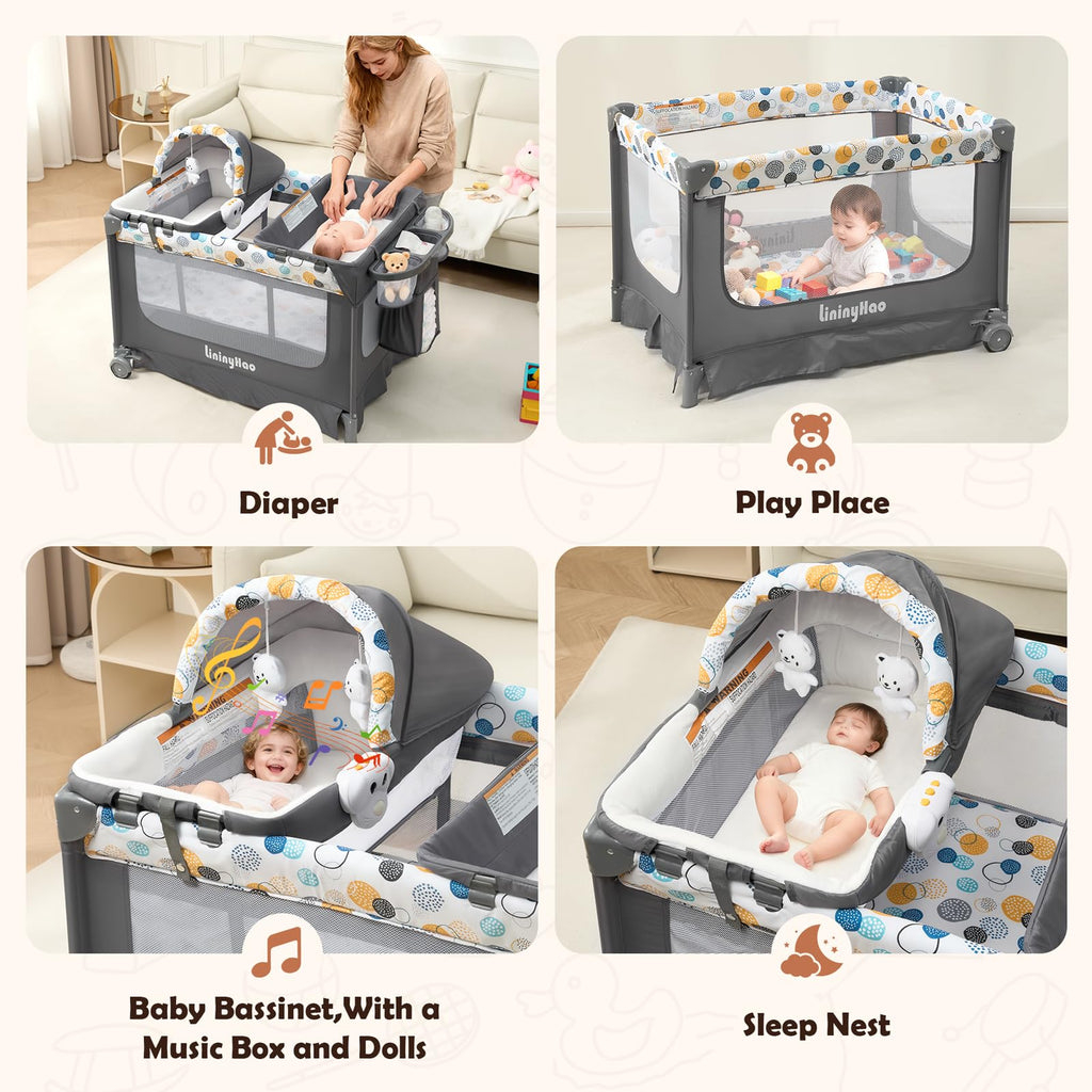 5-in-1 Pack and Play with Bassinet, Changing Table and Mat, Gray W661974