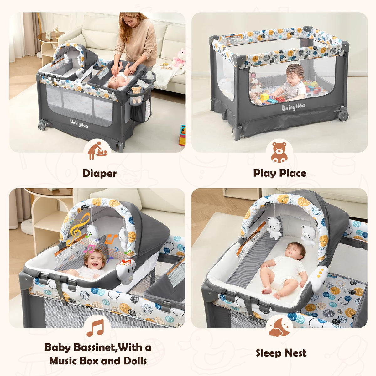 5-in-1 Pack and Play with Bassinet, Changing Table and Mat, Gray W661974