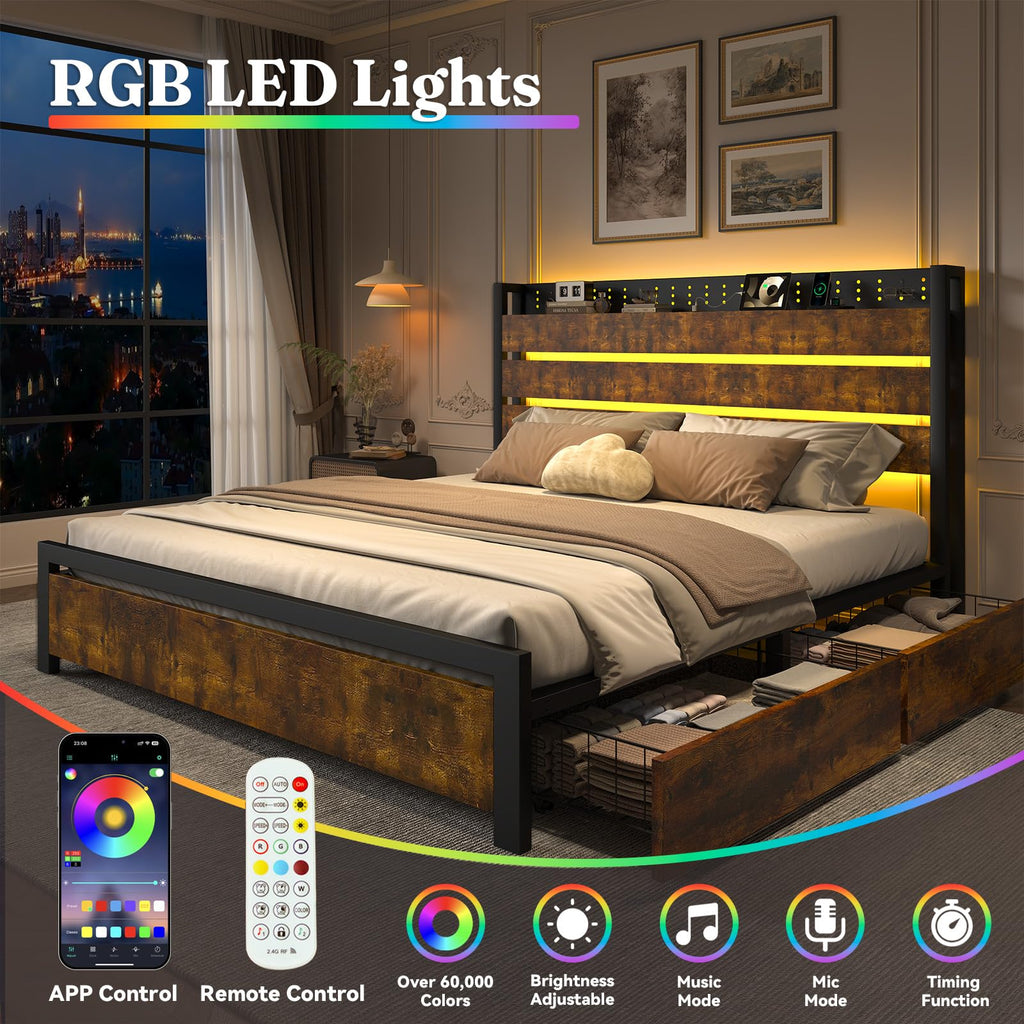 King Size Storage Bed Frame with 4 Drawers, Metal Bed Frame with Headboard Charging Station & Led Lights, Heavy Duty Platform Bedframe, No Box Spring Needed, Noise Free, Easy Assembly, Brown U901