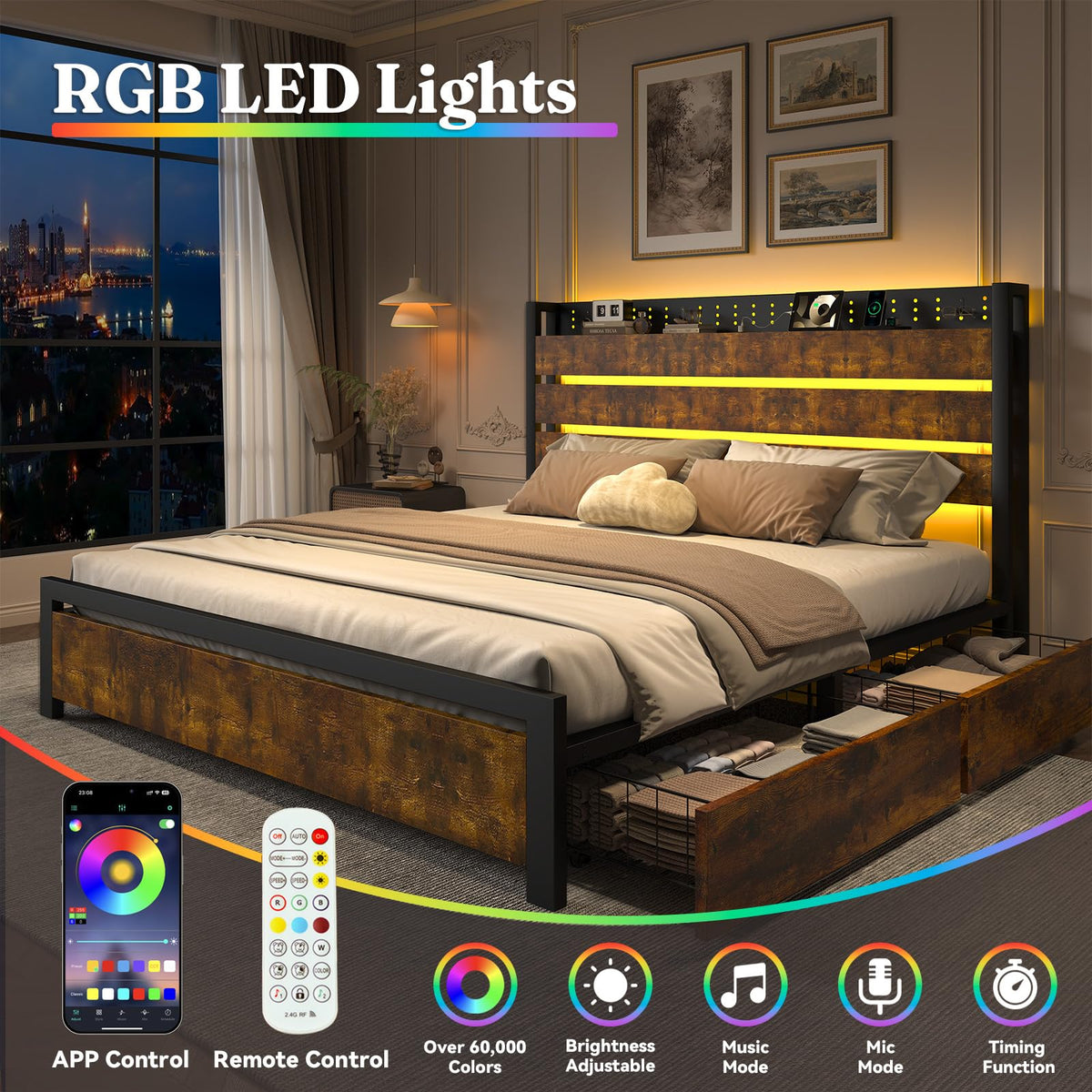 King Size Storage Bed Frame with 4 Drawers, Metal Bed Frame with Headboard Charging Station & Led Lights, Heavy Duty Platform Bedframe, No Box Spring Needed, Noise Free, Easy Assembly, Brown U901