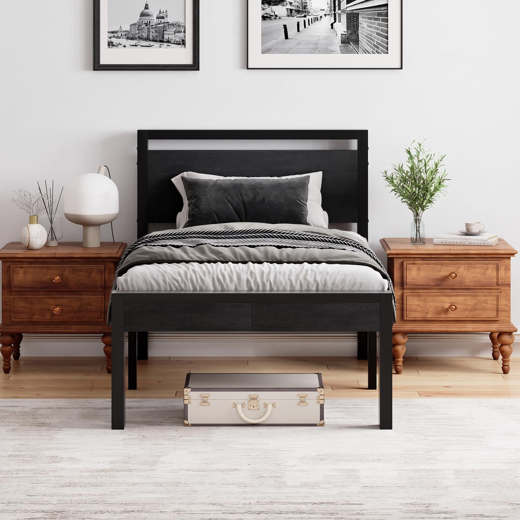 14 Inch Twin Size Metal Bed Frame with Wood Headboard Q36189