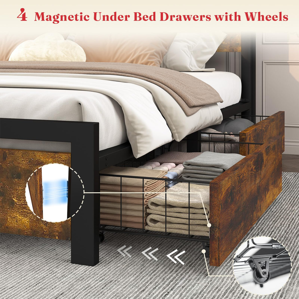 King Size Storage Bed Frame with 4 Drawers, Metal Bed Frame with Headboard Charging Station & Led Lights, Heavy Duty Platform Bedframe, No Box Spring Needed, Noise Free, Easy Assembly, Brown U901