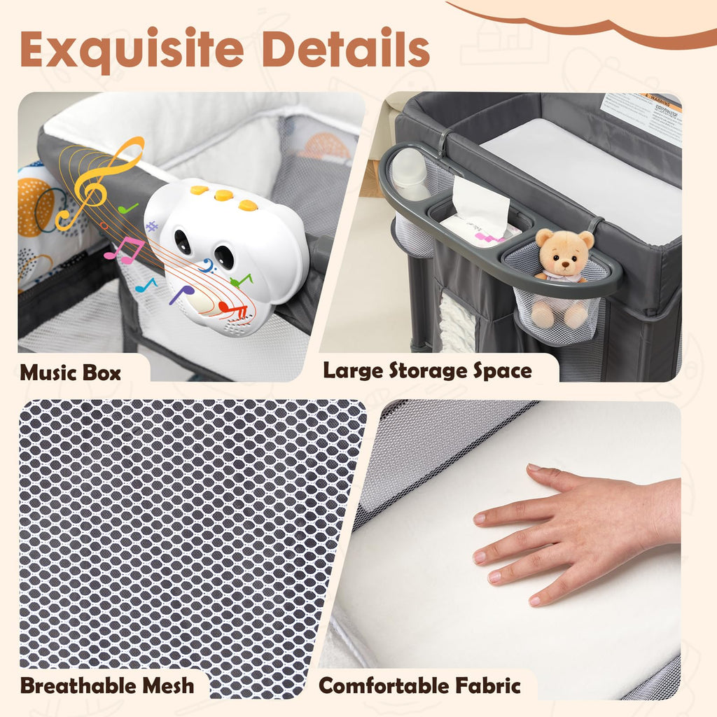 5-in-1 Pack and Play with Bassinet, Changing Table and Mat, Gray W661974