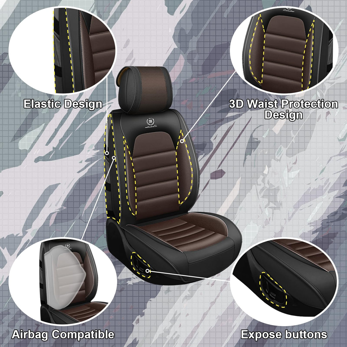 Full Set Car Seat Covers, Waterproof Seat Protectors, Standard 5 Seats, Black & Coffee K2509