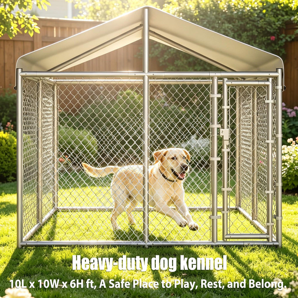 10 x 10 x 6.56 ft Galvanized Chain Link Dog Kennel with Roof E60863
