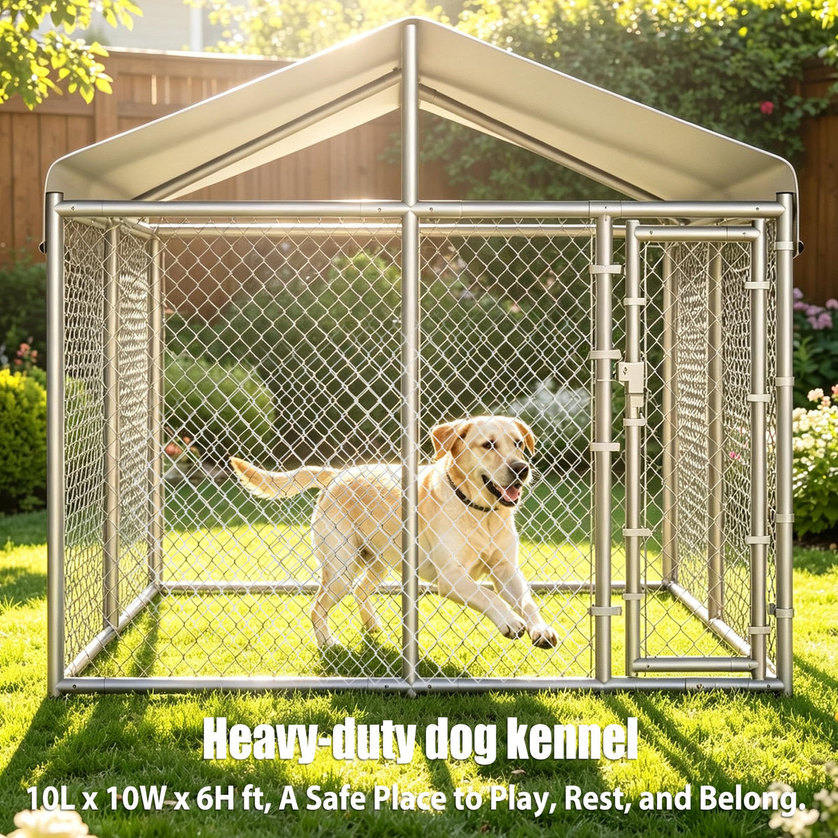 10 x 10 x 6.56 ft Galvanized Chain Link Dog Kennel with Roof E60863