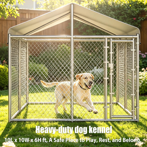 10 x 10 x 6.56 ft Galvanized Chain Link Dog Kennel with Roof E60863