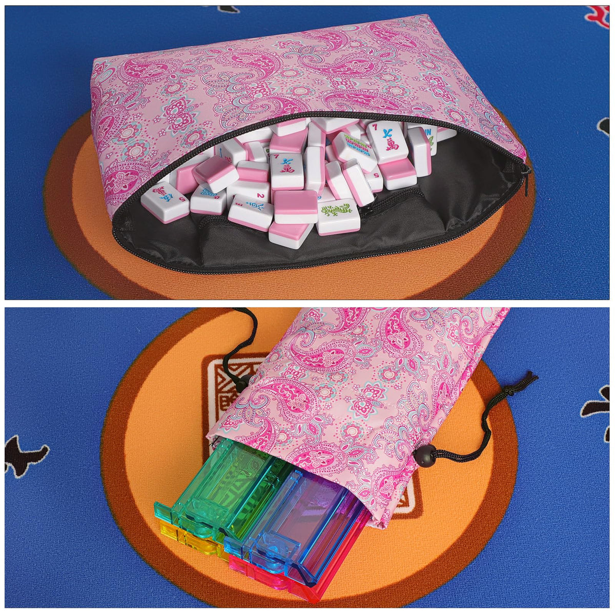 American Mahjong Game Set, 166 Pink Tiles, 4 All-in-One Color Rack/Pushers & Drawstring Bag K87127