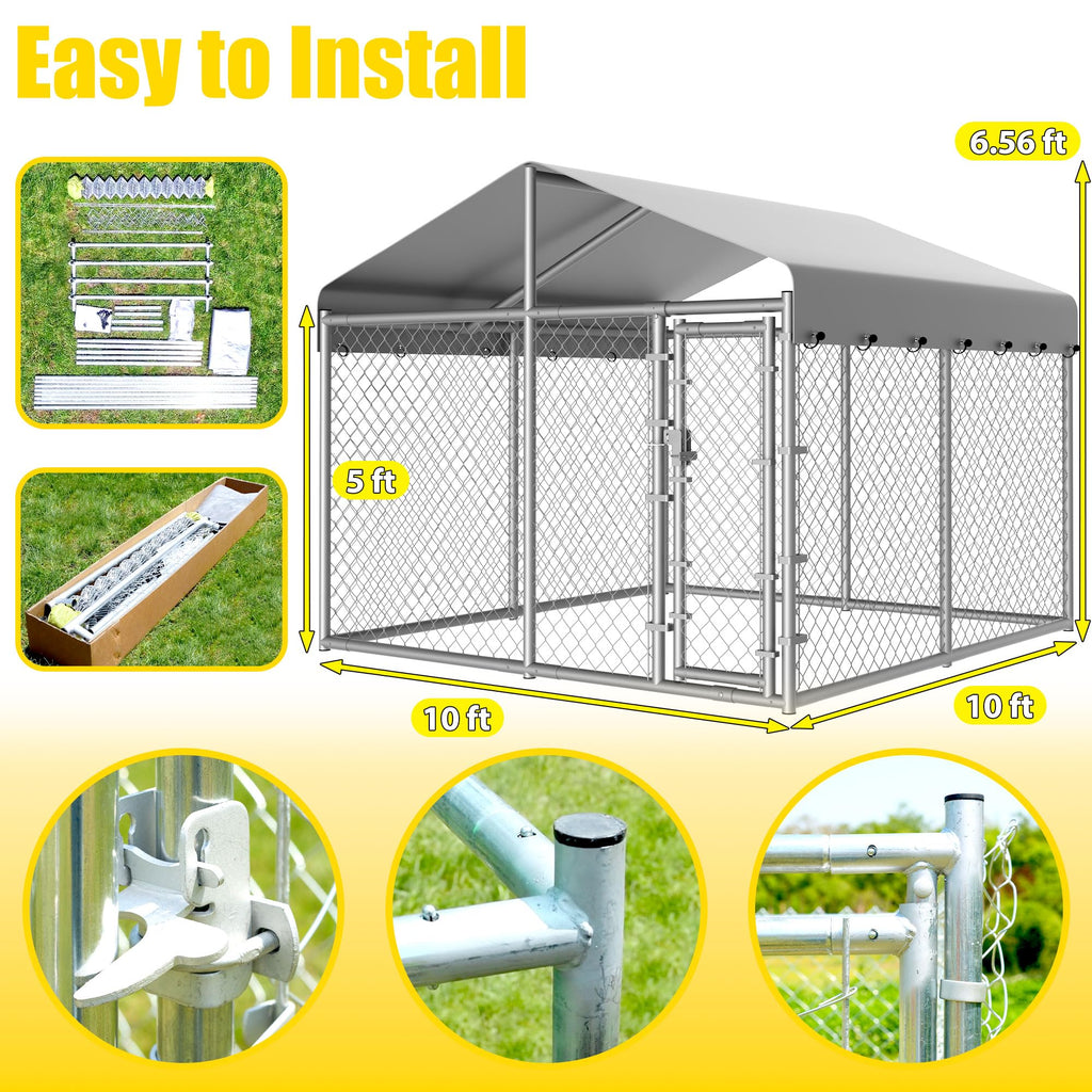 10 x 10 x 6.56 ft Galvanized Chain Link Dog Kennel with Roof E60863