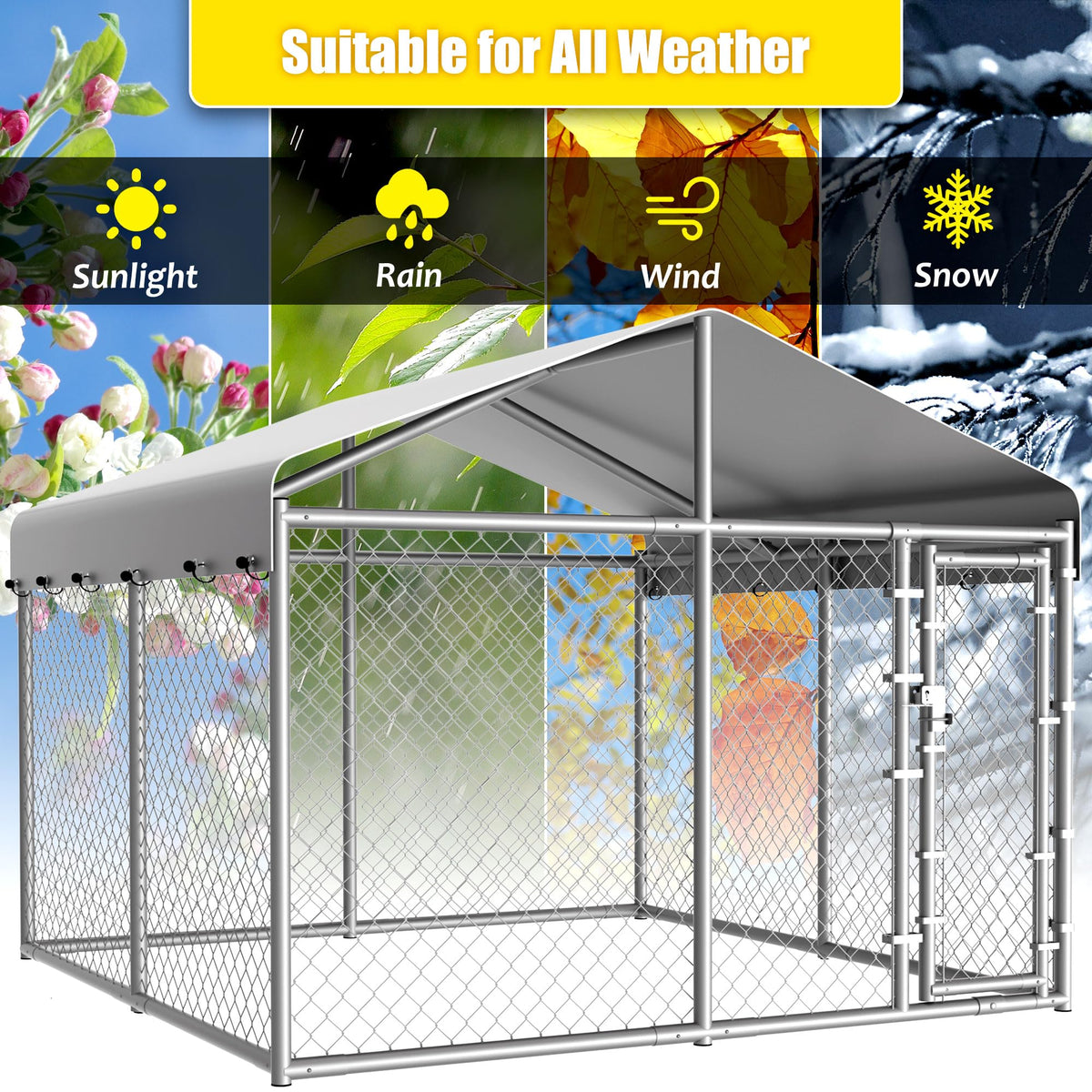 10 x 10 x 6.56 ft Galvanized Chain Link Dog Kennel with Roof E60863