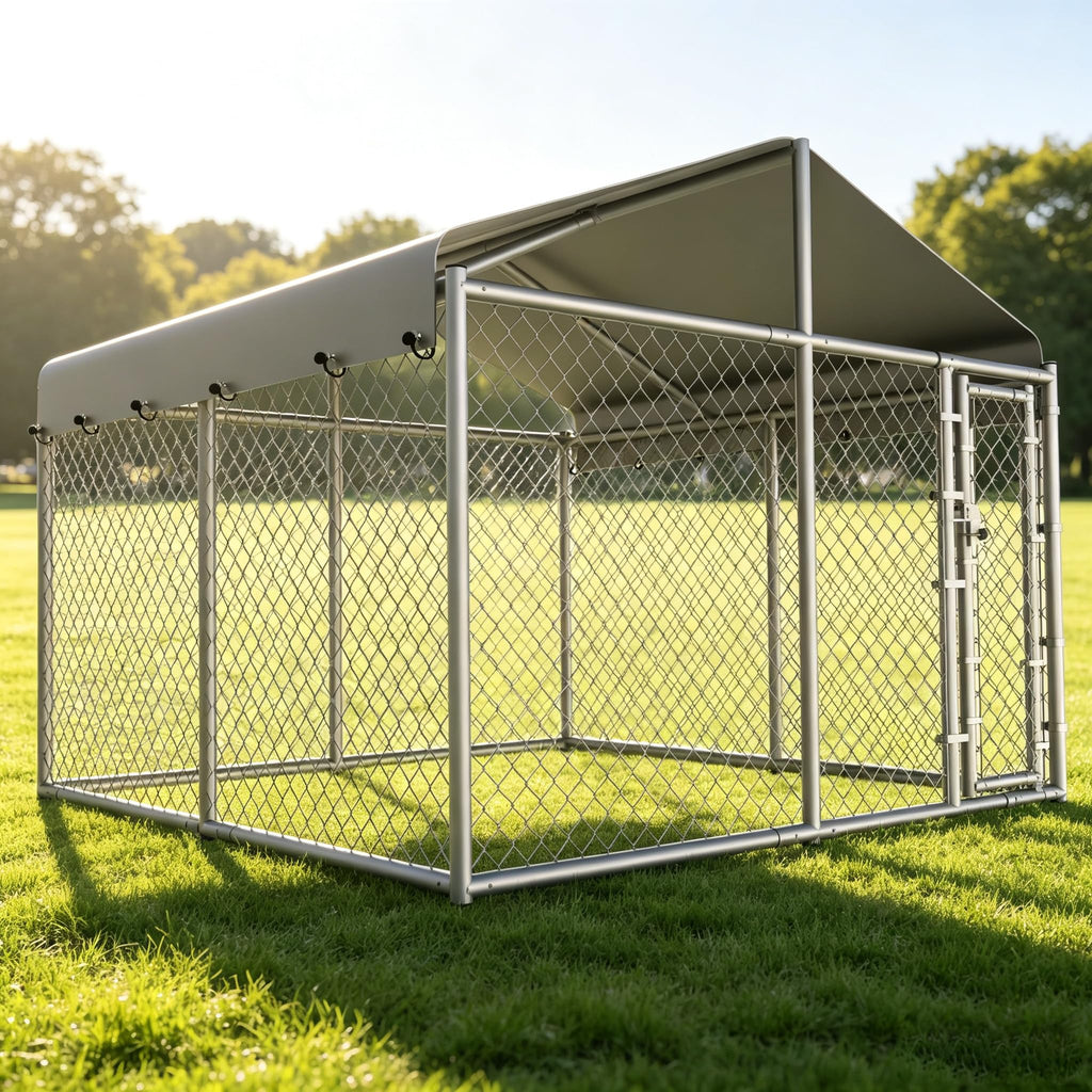 10 x 10 x 6.56 ft Galvanized Chain Link Dog Kennel with Roof E60863
